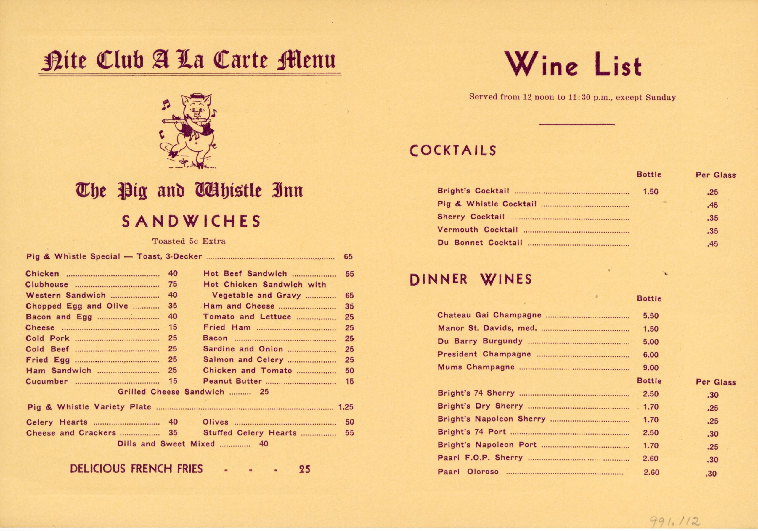 scan of the Pig and Whistle Inn menu