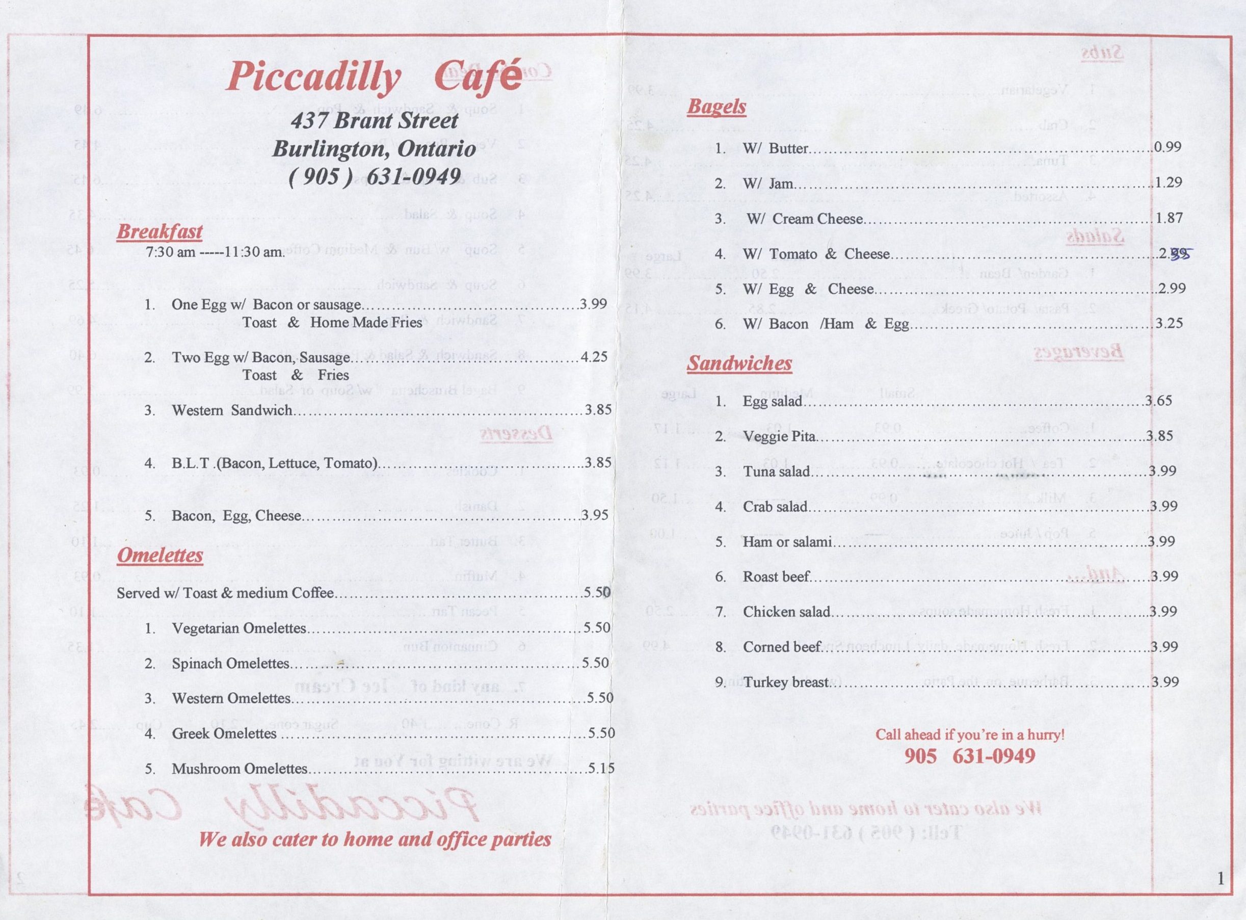 scan of Piccadilly Cafe menu