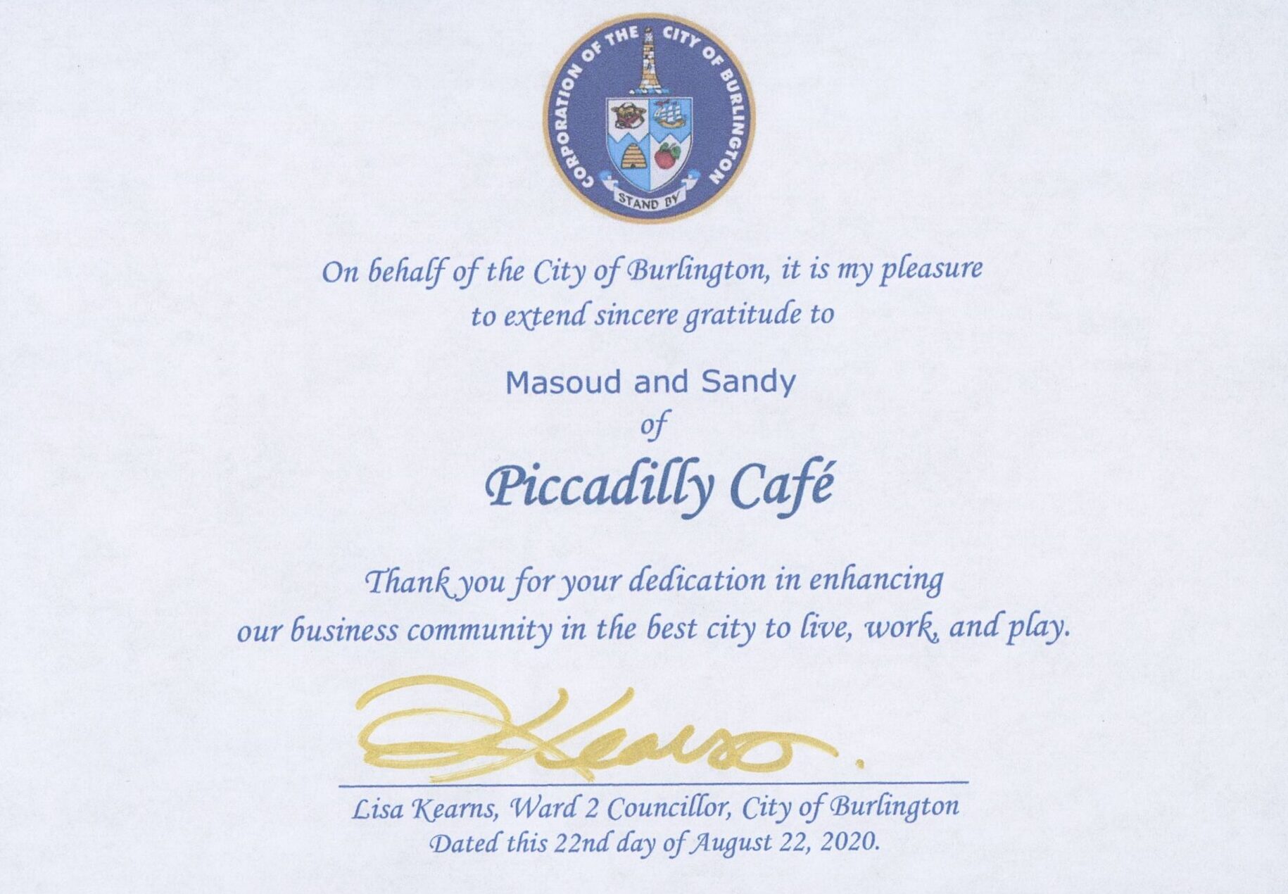 A certificate of gratitude for Masoud and Sandy of Piccadilly Cafe