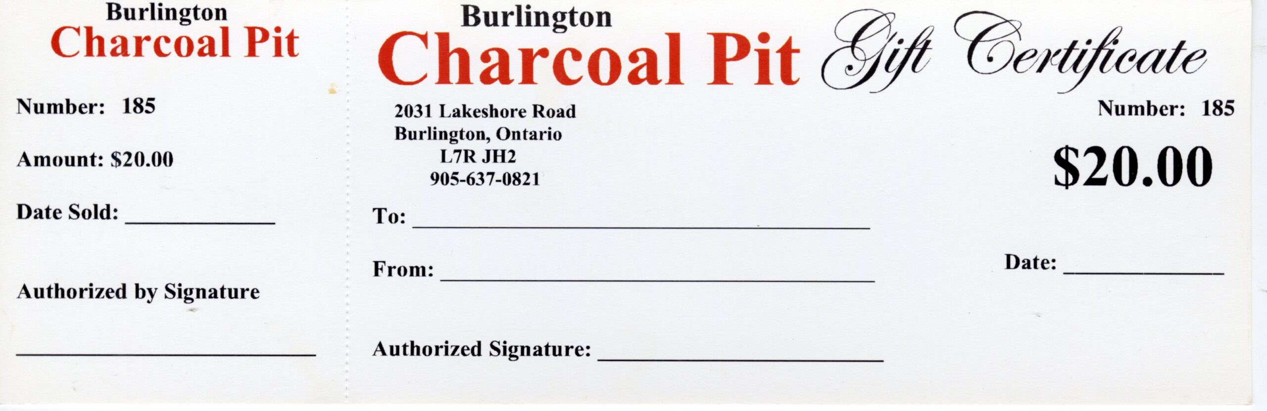 A scan of a gift certificate from Charcoal Pit