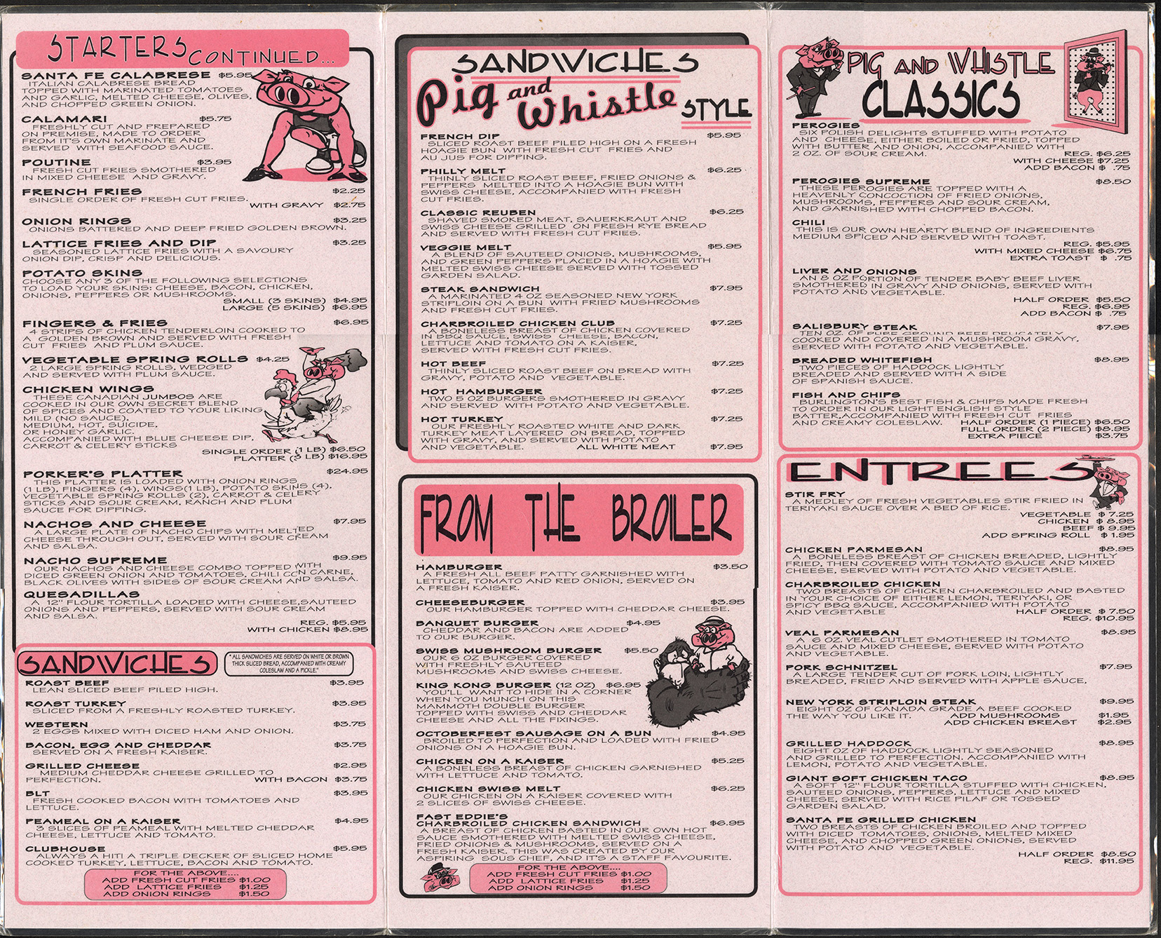 scan of the Pig and Whistle Inn menu