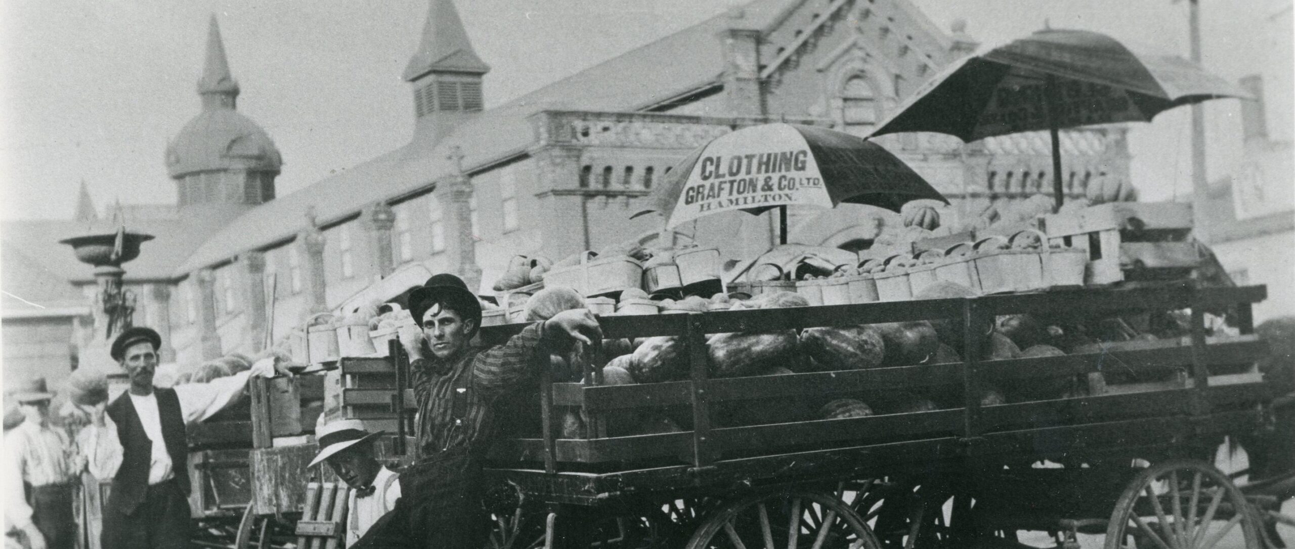 a black-and-white photo of a farming stall in Burlington